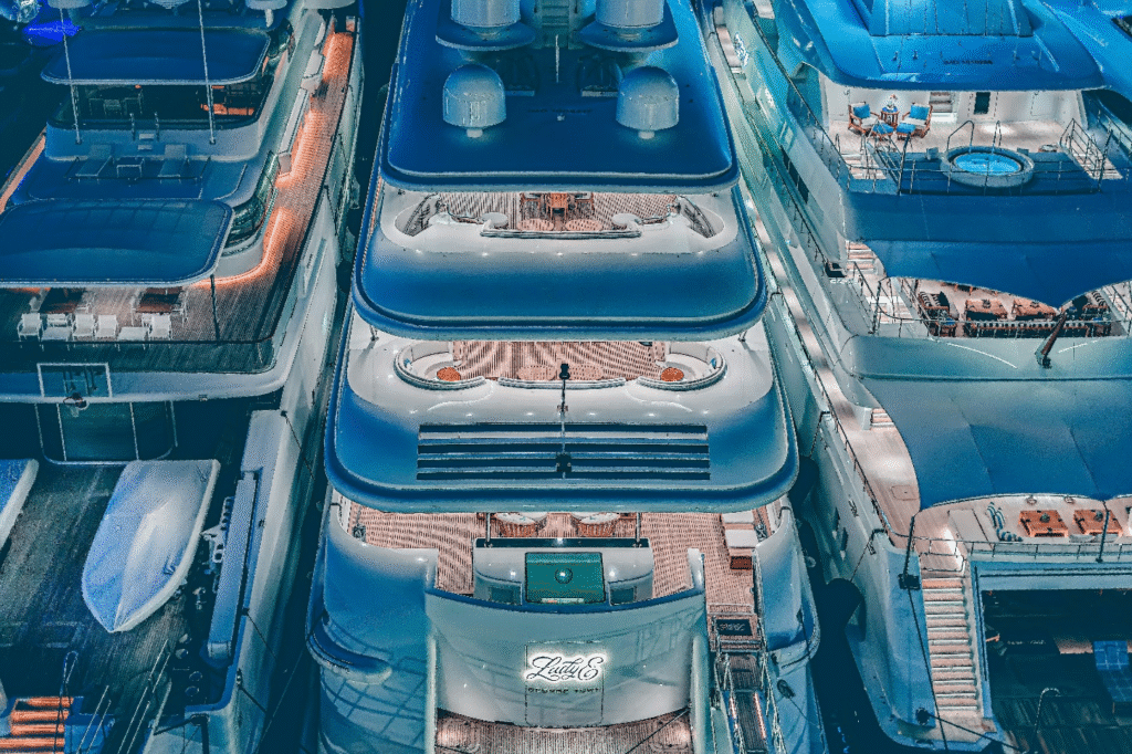 Aerial view of docked vessels illustrating autonomous fleet management and smart maritime logistics