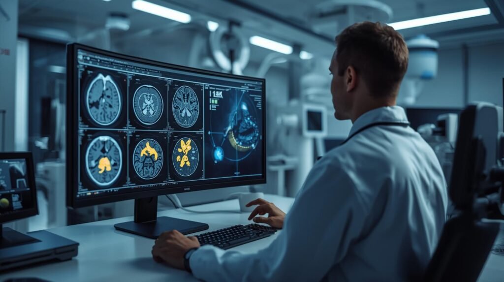 Doctor analyzing AI-powered disease detection results on medical imaging screen in modern hospital setting.