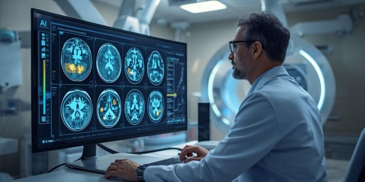 Doctor analyzing AI-powered disease detection results on medical imaging screen in modern hospital setting.