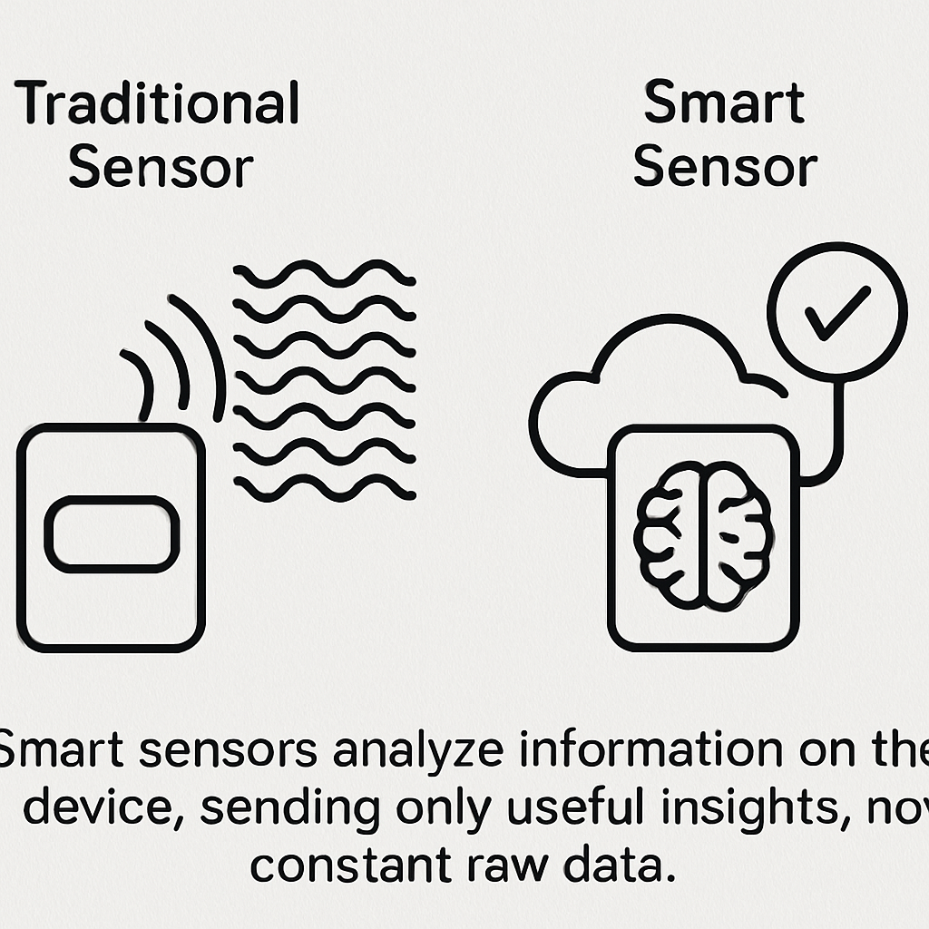 Comparison between a traditional sensor sending raw data and smart IoT sensors that analyze information locally and transmit only meaningful insights.