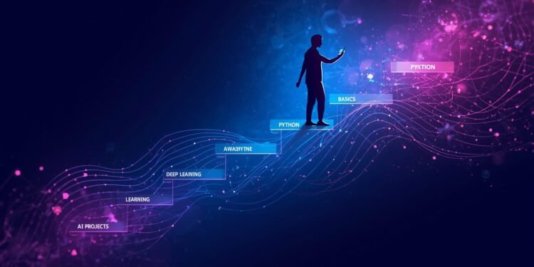 A visual AI learning roadmap showing a beginner progressing step by step through artificial intelligence skills from basics to advanced projects