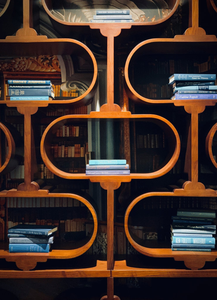 Books arranged on modern wooden shelves representing the best learning resources for AI beginners