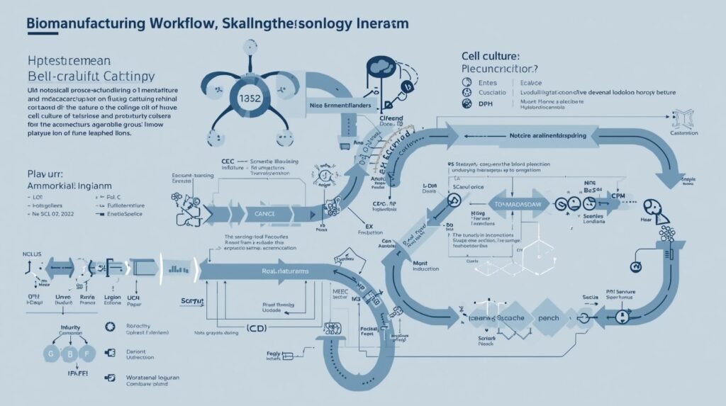 Biomanufacturing processes showing upstream and downstream production workflows