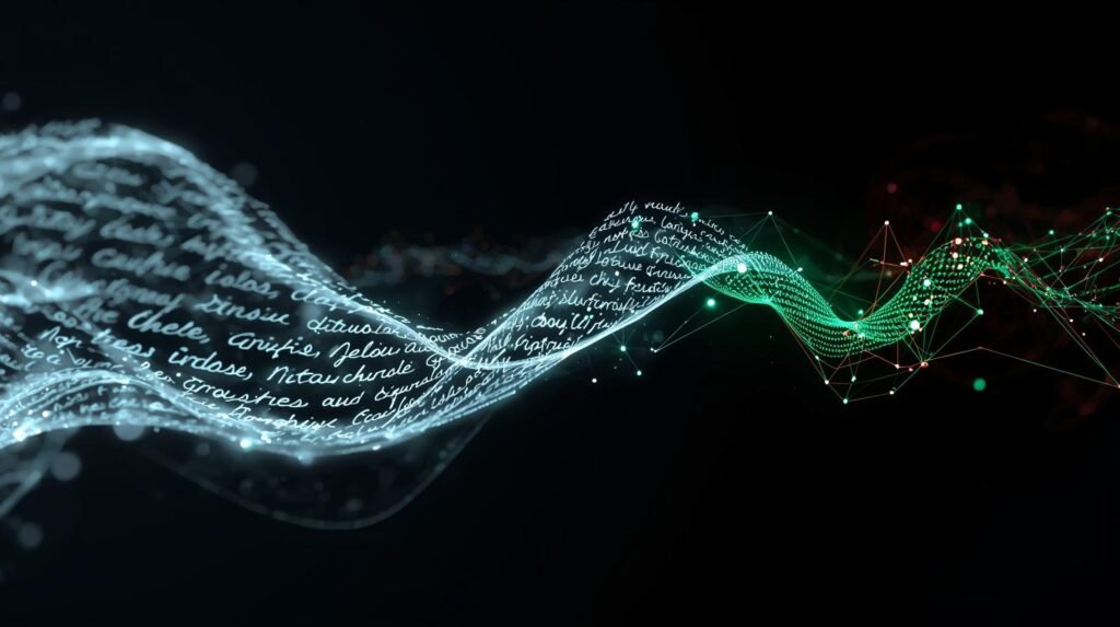 Abstract digital art of handwritten sentences transforming into blocks of code as they pass through a glowing neural network, symbolizing human language to machine code