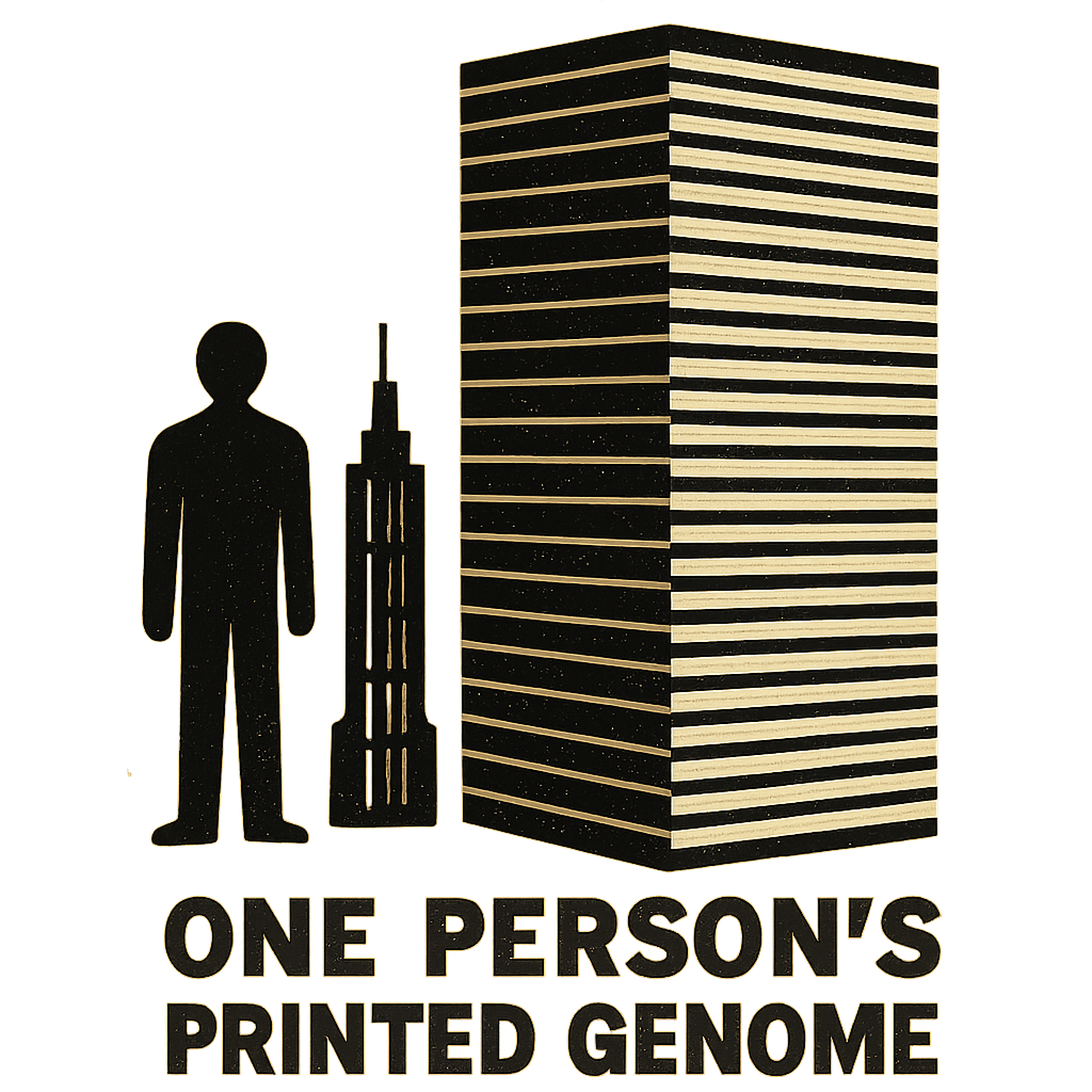 Illustration showing the scale of one person’s printed genome compared to a human figure, highlighting the massive size of genomic data
