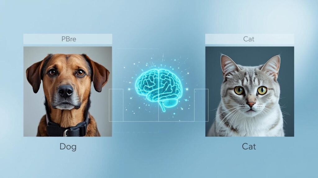 Illustration showing AI image classification separating a dog and a cat into two labeled categories using a digital neural network
