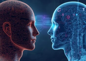Illustration of a human head made of text facing a robot head made of circuits, with flowing code between them to represent Natural Language Processing