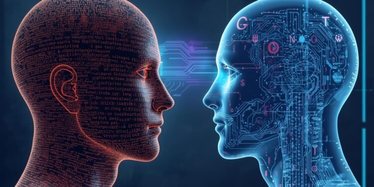 Illustration of a human head made of text facing a robot head made of circuits, with flowing code between them to represent Natural Language Processing