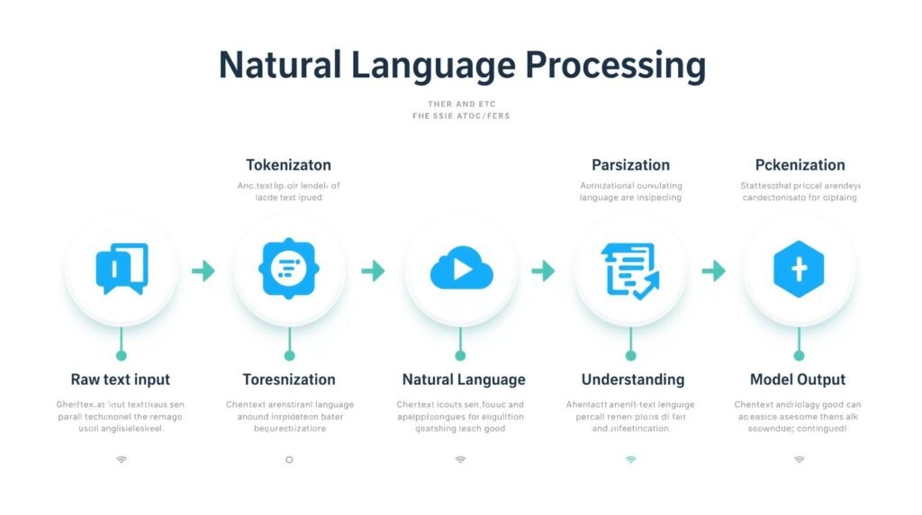 Flat infographic showing the NLP pipeline from raw text input through tokenization and parsing to natural language understanding and model output