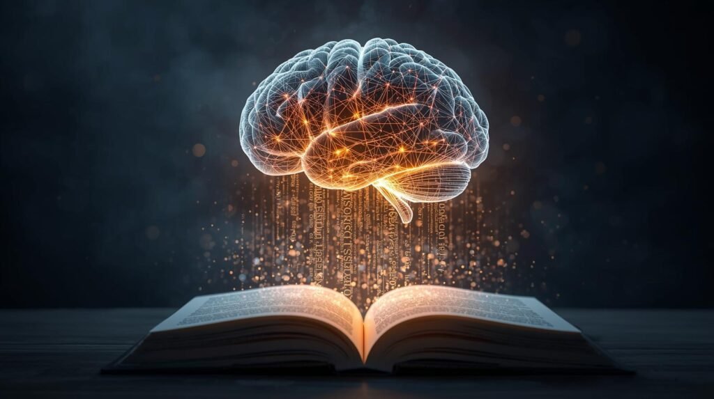 Neural network brain made of interconnected nodes hovering over an open book, with floating words forming semantic graphs to illustrate natural language understanding