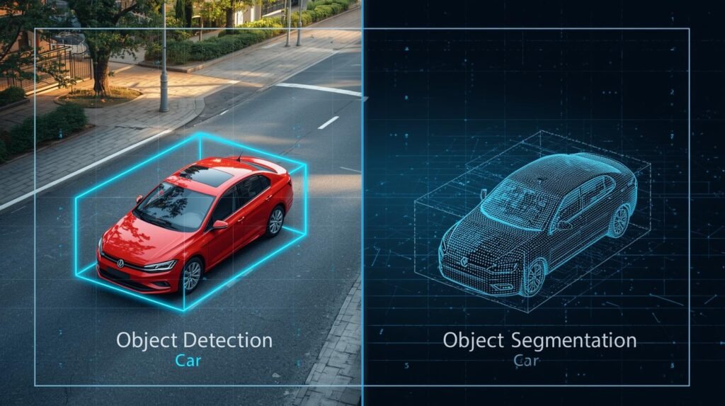 Illustration object segmentation: the left shows a car inside a bounding box for object detection, while the right highlights the exact pixel outline of the car for object segmentation