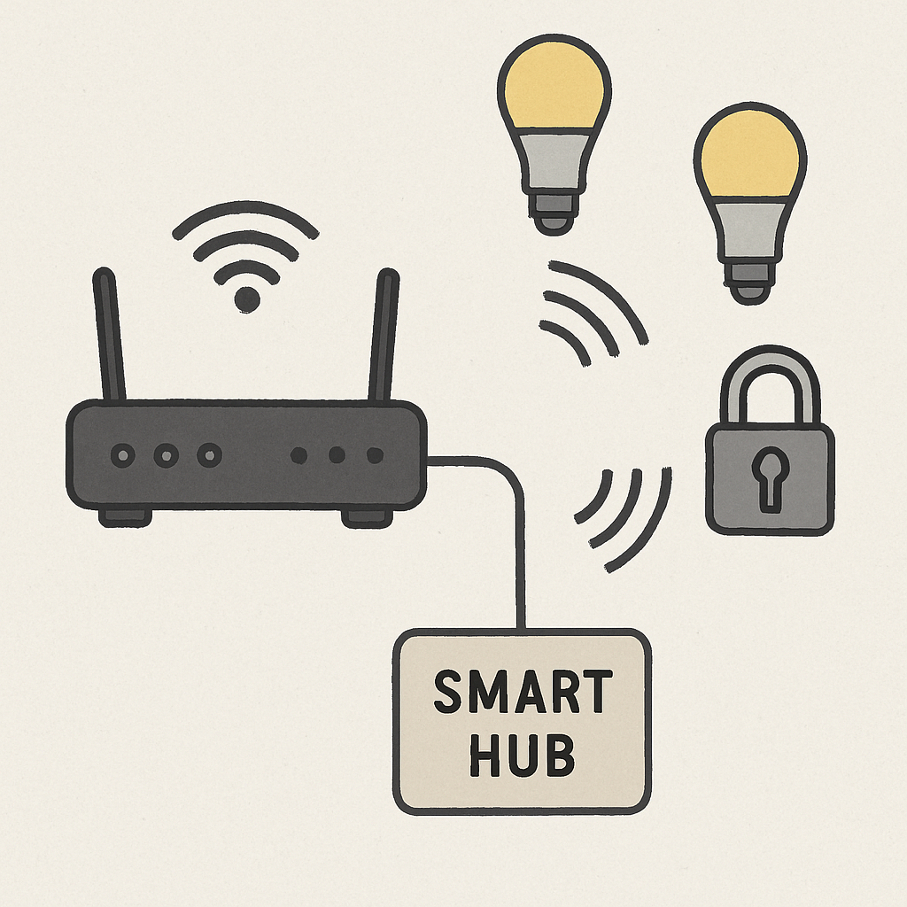 Smart hub connecting Wi-Fi router, smart lights, and devices with secure wireless communication