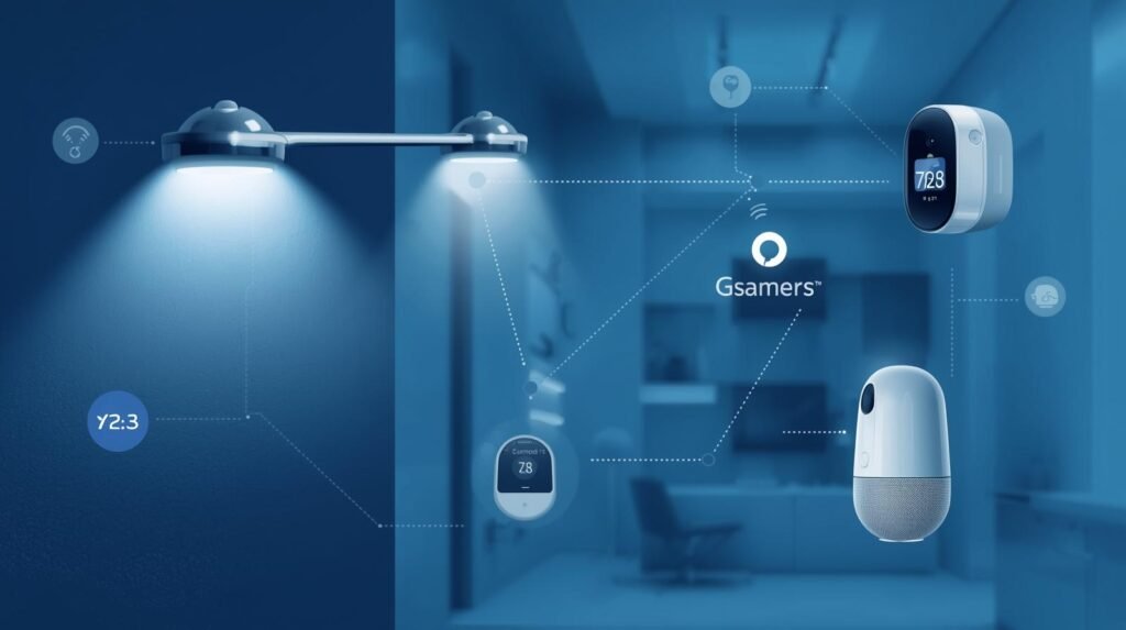 Smart home devices connected through IoT technology communicating with each other
