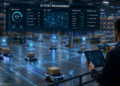 AI fleet management coordinating autonomous warehouse robots with intelligent task assignment, traffic routing, charging, and fleet monitoring