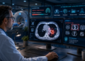 Doctor using AI in disease detection to review a medical scan and identify a suspicious abnormality for further clinical evaluation
