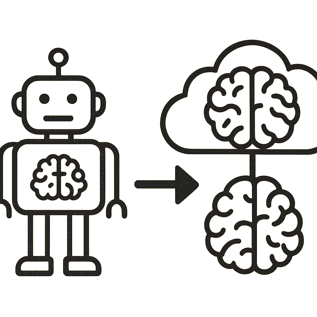 Cloud robotics architecture showing a robot offloading intelligence to a shared cloud brain for collective learning