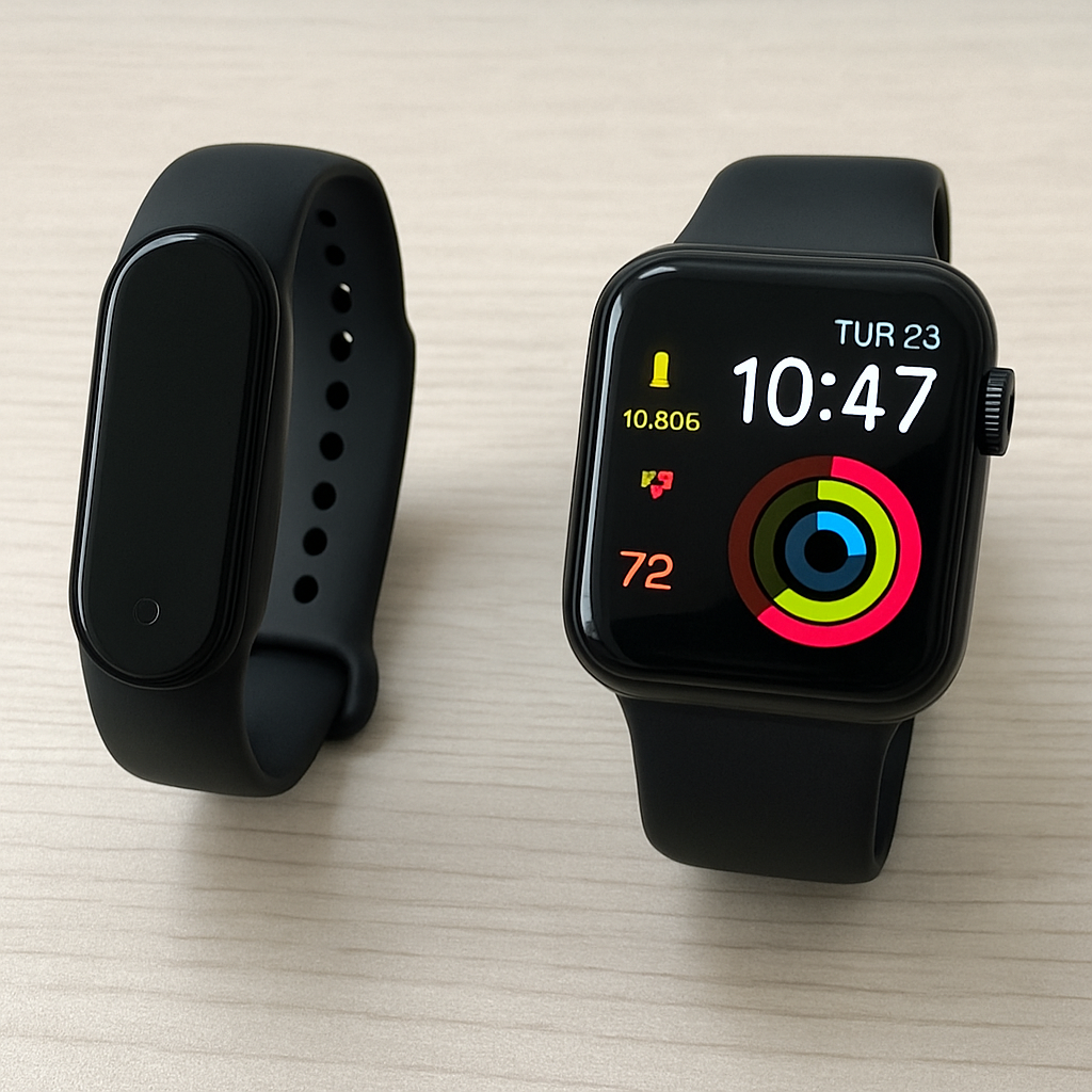 Fitness tracker and smartwatch comparison showing activity tracking and health monitoring features
