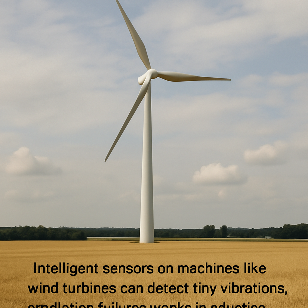Wind turbine equipped with smart IoT sensors detecting subtle vibrations to enable predictive maintenance and prevent mechanical failures.