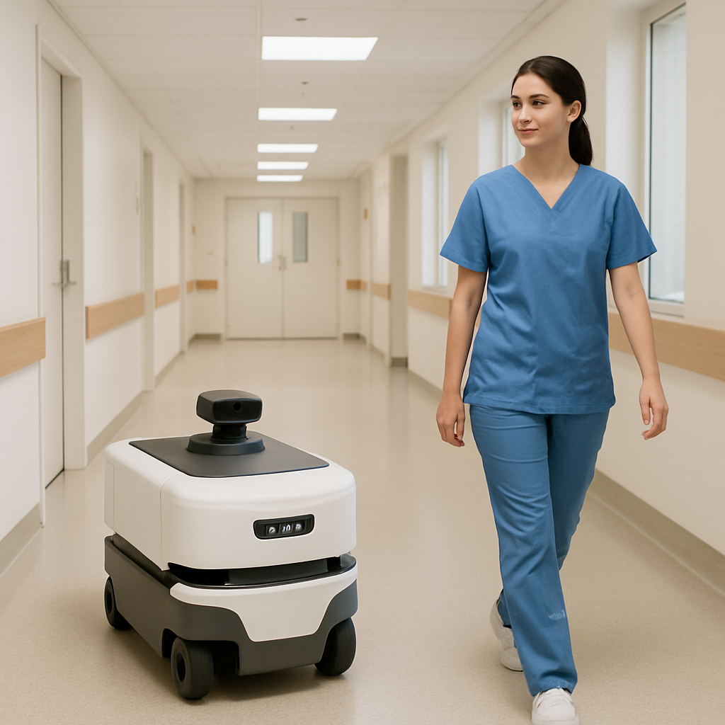 Hospital autonomous mobile robot safely navigating a corridor alongside a healthcare worker.
