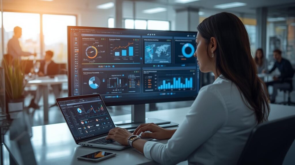Business professional in a modern U.S. office using AI business tools with analytics and automation dashboard on screen.