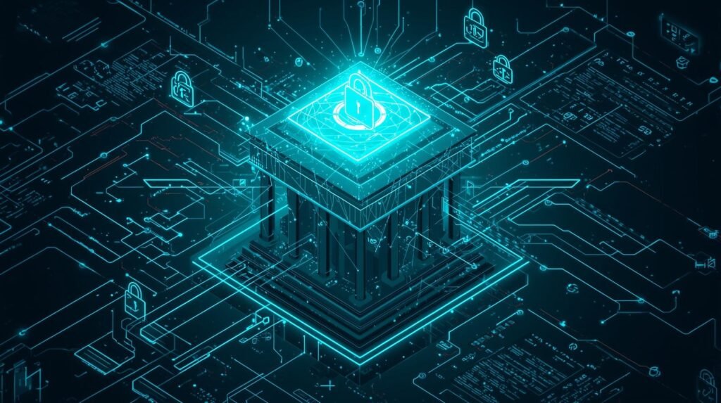 AI fraud detection in Banking system protecting digital banking transactions with cybersecurity shield and data network visualization.