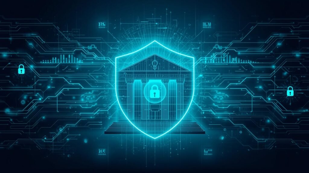 AI fraud detection in Banking system protecting digital banking transactions with cybersecurity shield and data network visualization.