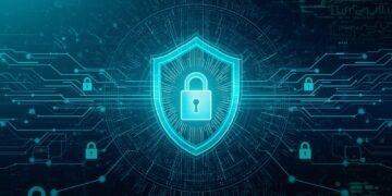 AI fraud detection in Banking system protecting digital banking transactions with cybersecurity shield and data network visualization.