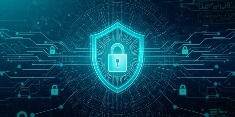 AI fraud detection in Banking system protecting digital banking transactions with cybersecurity shield and data network visualization.