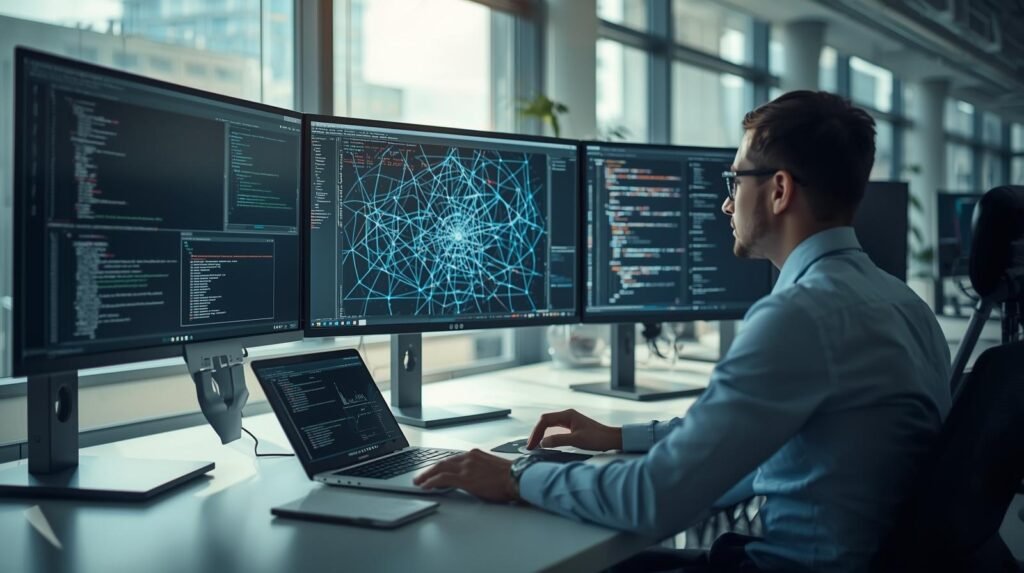 AI & machine learning models in a modern office with data visualizations and neural network diagrams on multiple screens.