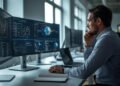 AI engineer working on machine learning models in a modern office with data visualizations and neural network diagrams on multiple screens.
