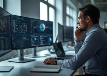 AI engineer working on machine learning models in a modern office with data visualizations and neural network diagrams on multiple screens.