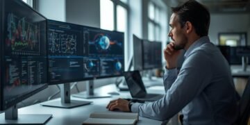 AI engineer working on machine learning models in a modern office with data visualizations and neural network diagrams on multiple screens.