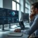 AI engineer working on machine learning models in a modern office with data visualizations and neural network diagrams on multiple screens.