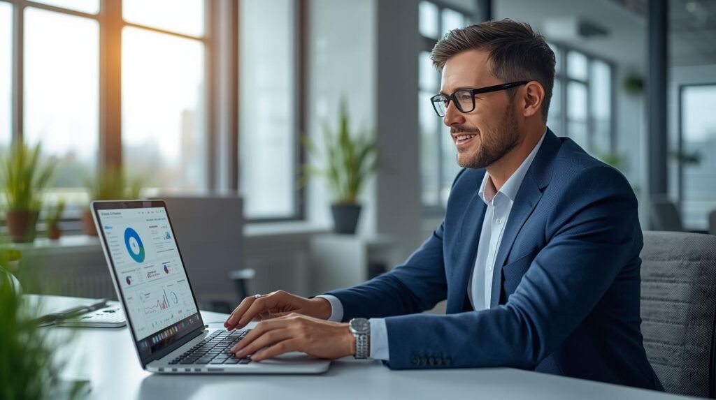 Business professional in a modern U.S. office using AI productivity tools on a laptop with analytics dashboard displayed.
