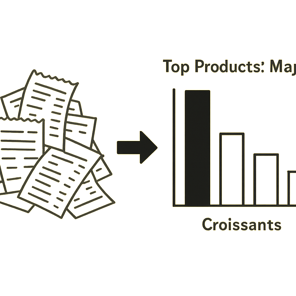 Business receipts transforming into a sales analytics bar chart, illustrating AI for data analysis in modern U.S. businesses.