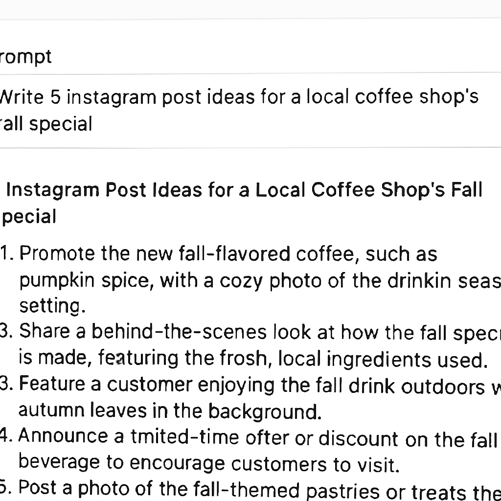 AI for marketing content prompt on screen showing social media post ideas for business marketing automation.
