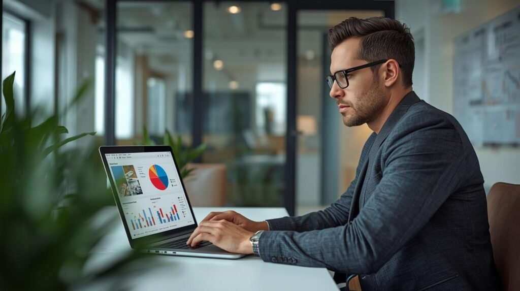 AI for Entrepreneur in a modern U.S. startup office using AI tools on a laptop with business analytics dashboard displayed.
