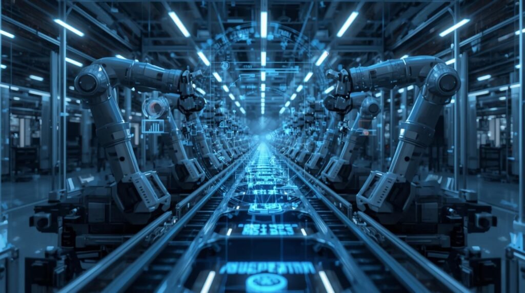 AI improves manufacturing quality by detecting defects in a smart factory production line.