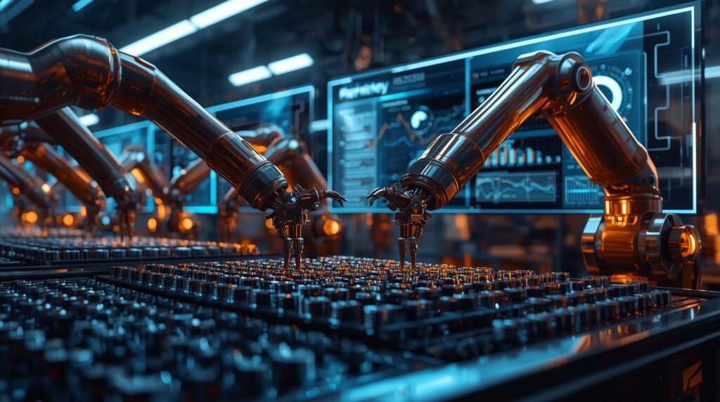 AI in smart manufacturing analyzing product quality in an advanced automated factory.