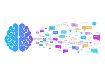 Illustration of an artificial intelligence brain with interconnected neural networks and language-related nodes, representing AI language models and natural language processing.