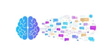 Illustration of an artificial intelligence brain with interconnected neural networks and language-related nodes, representing AI language models and natural language processing.