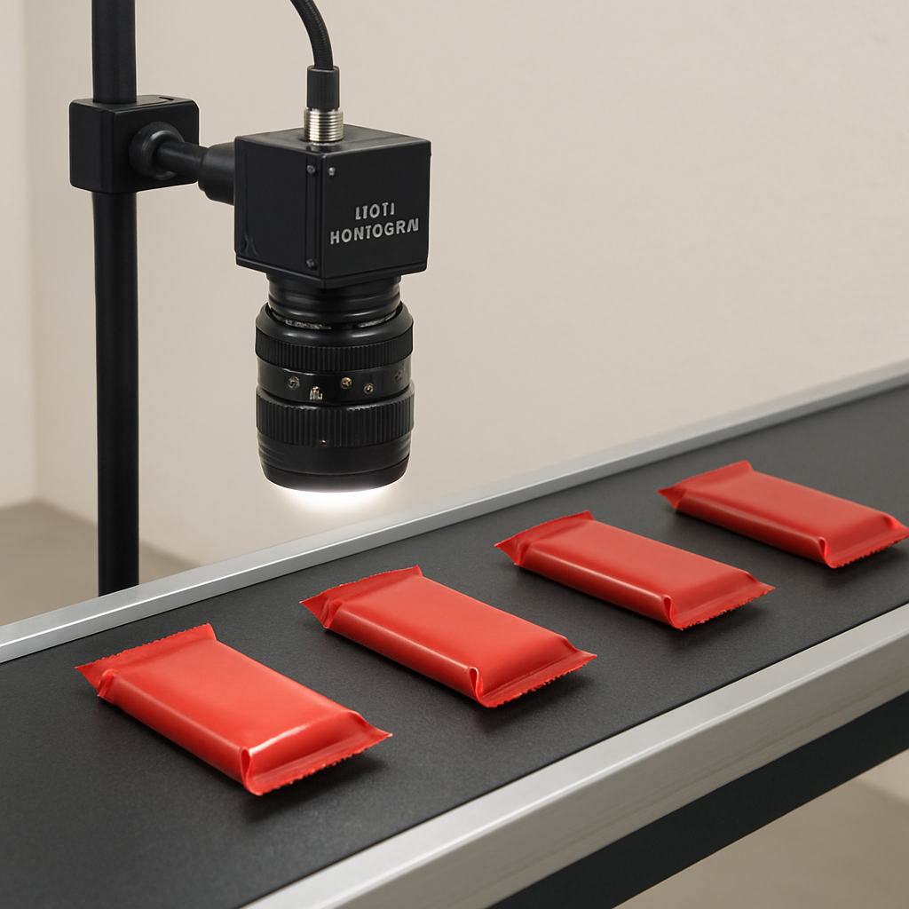AI-powered inspection camera scanning red packaged products on a factory conveyor belt for quality control.