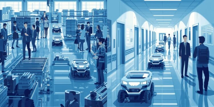 Autonomous mobile robots navigating indoor warehouse and hospital environments.