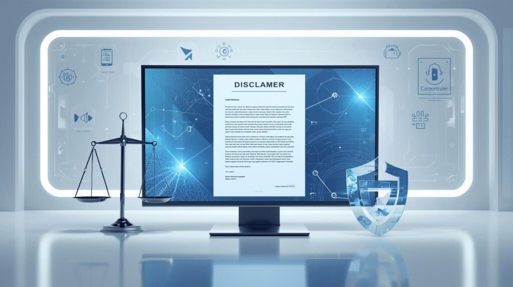Digital advertise & disclaimer policy concept with legal scale, cybersecurity shield, and technology interface representing transparency and responsibility