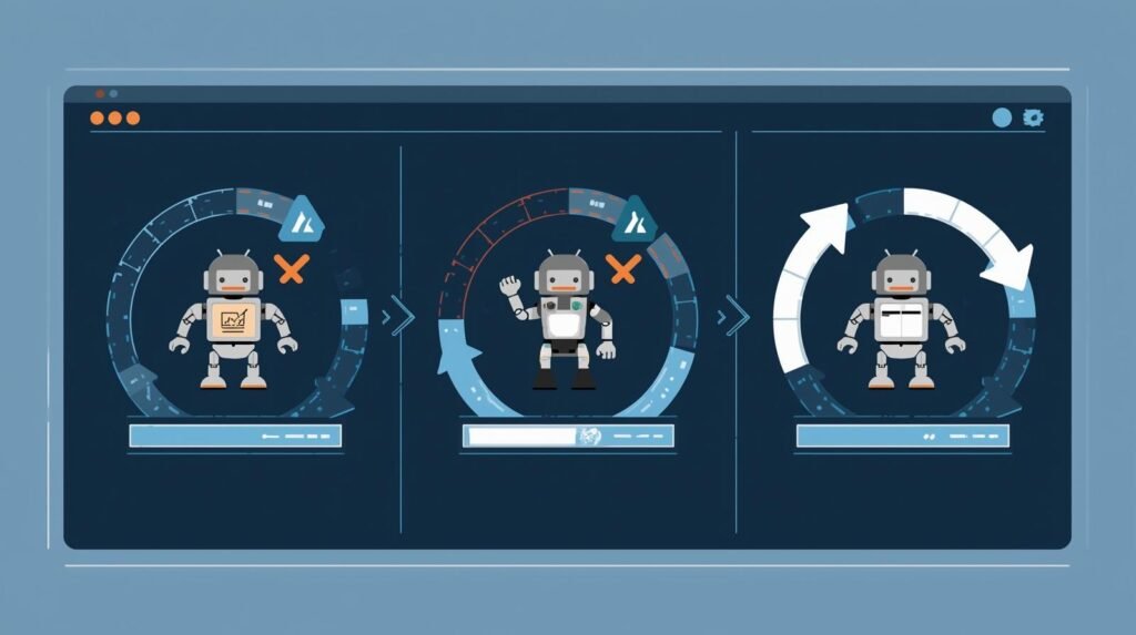 Automated testing system validating robot behavior through repeated simulations.