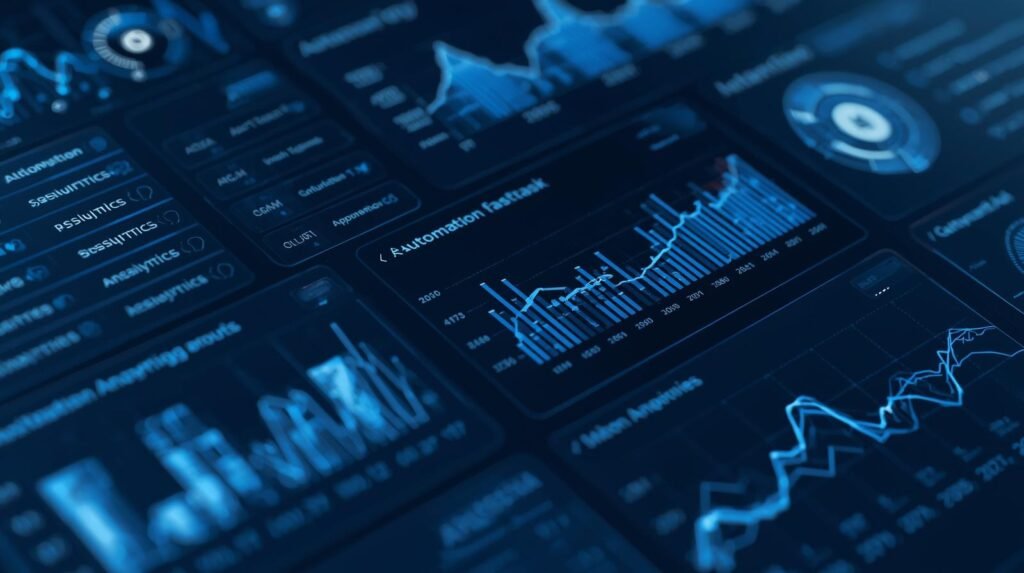 Automation software dashboard displaying task management and analytics.