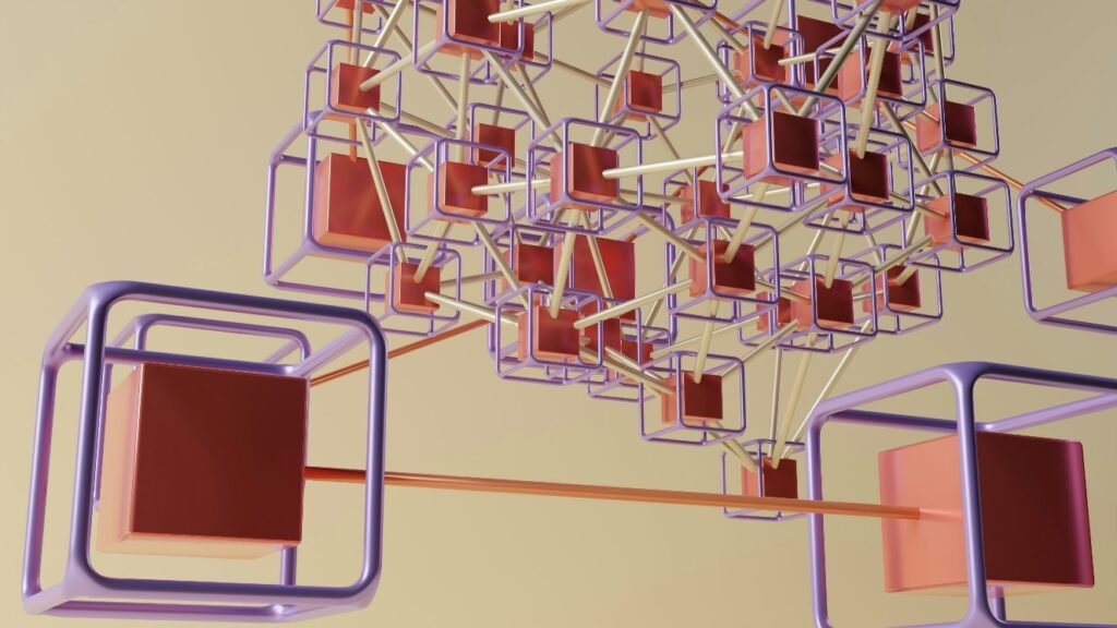 Abstract 3D illustration of interconnected cubes and nodes representing automation workflows and system integration