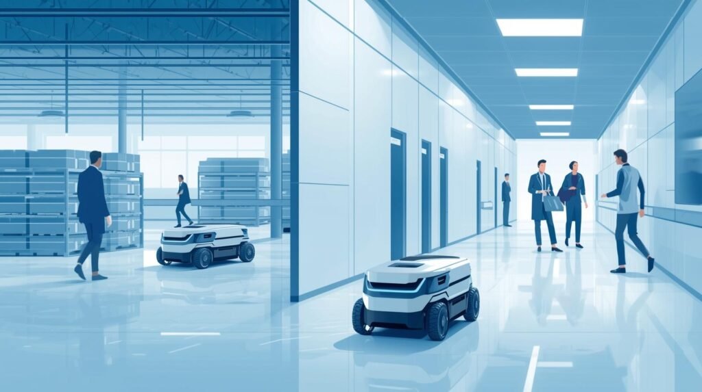 Autonomous mobile robots navigating indoor warehouse and hospital environments.