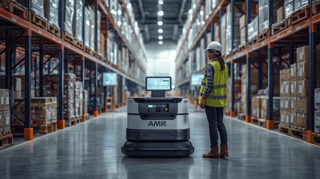 Warehouse supervisor overseeing an autonomous mobile robot transporting inventory in a modern distribution center.