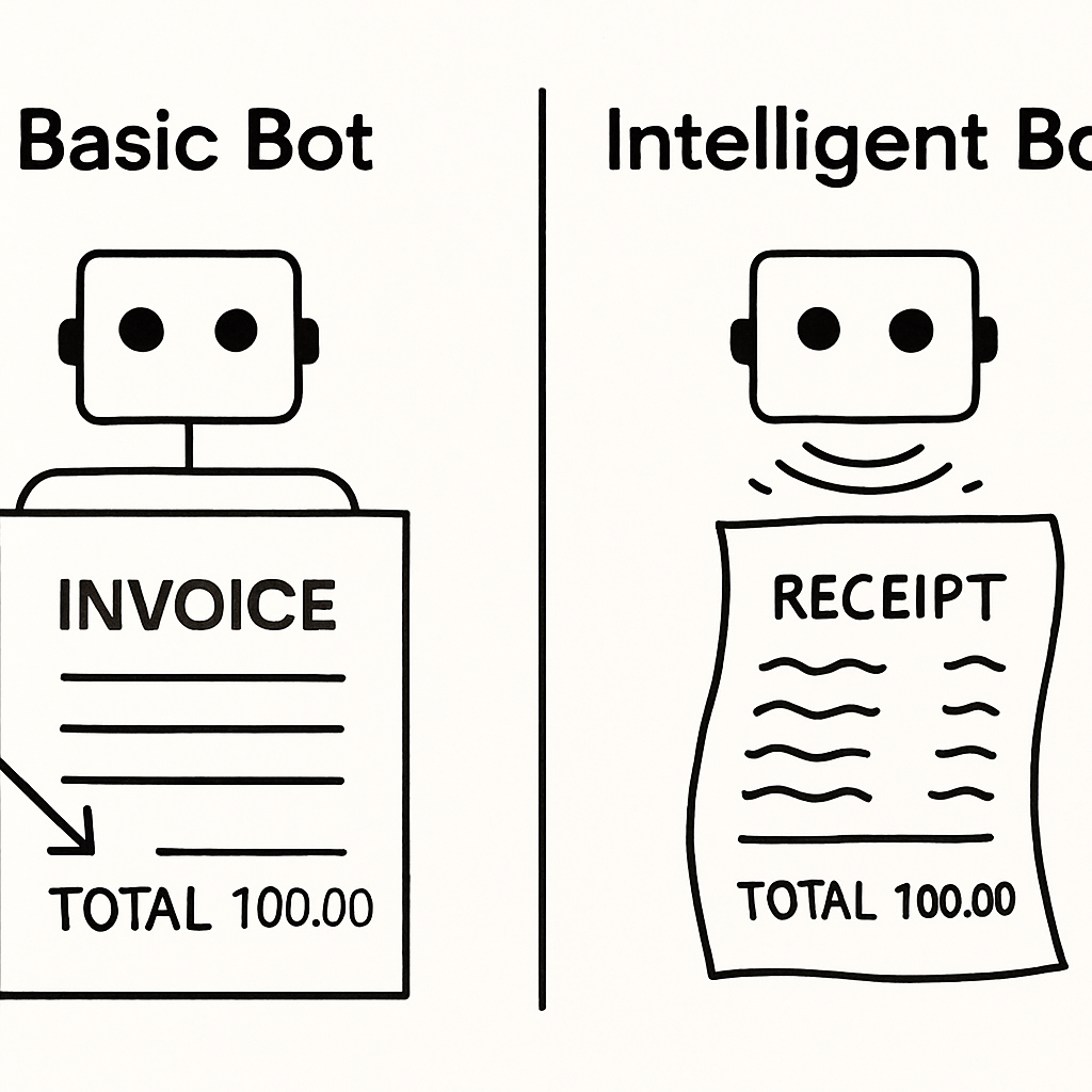Illustration comparing a basic bot and an intelligent bot, showing a simple robot processing an invoice on one side and a smarter robot analyzing a receipt with data recognition on the other side.